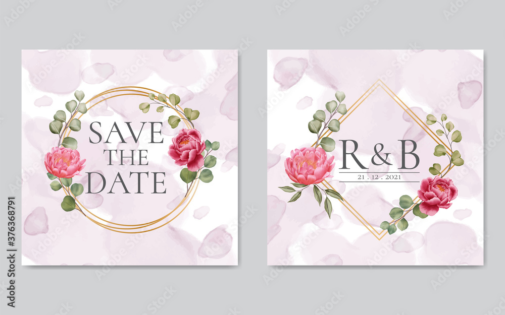 Peony rose flowers wedding invitation with golden frame