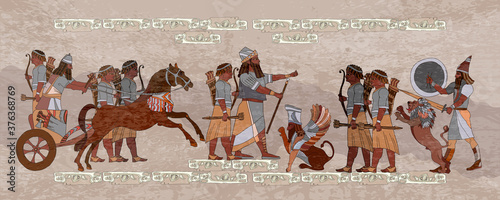 Ancient Sumerian culture. Akkadian Empire. King on chariot. Lion and warrior. Scene of fight. Mesopotamia. Middle East history. Ancient civilization art