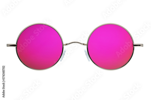 Round pink mirror gun metal sunglasses isolated on white photo
