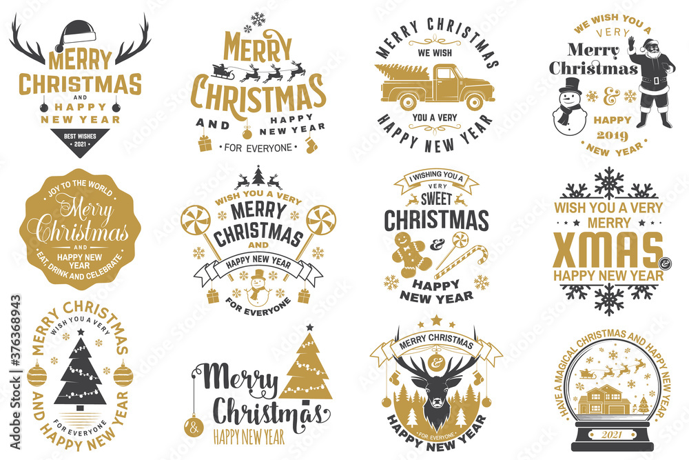Naklejka premium Set of Merry Christmas and Happy New Year stamp, sticker set with snowflakes, hanging christmas ball, santa hat, candy.
