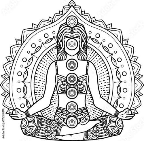 mandala design coloring page and t-shirt print yoga concept.