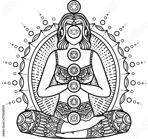 mandala design coloring page and t-shirt print yoga concept.