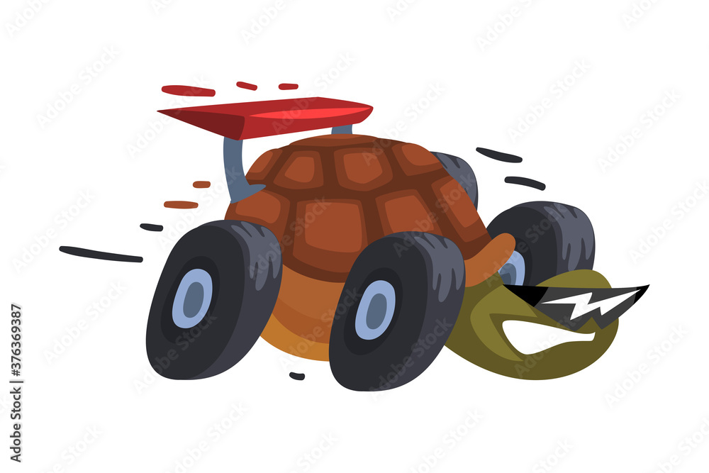 Fast Turtle on Wheels, Funny Animal Cartoon Character with Turbo Speed Booster and Fire Vector Illustration on White Background. Fast Turtle on Wheels, Funny Animal Cartoon Character with Turbo Speed Booster and Fire Vector Illustration on White Background.