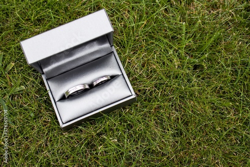 Love Wedding Rings on the Green Grass Background
