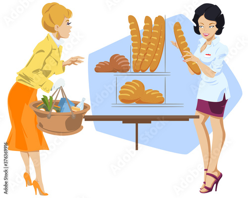 Beautiful saleswoman in bread store. Trade in bakery. Picture concept for web page design.