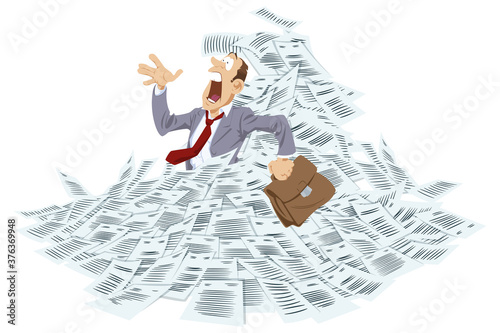 Businessman is drowning in storm from documents.