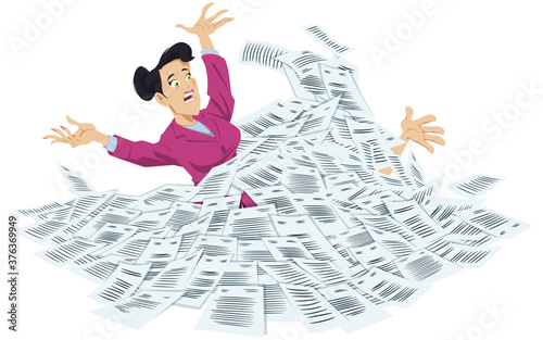Businesswoman is drowning in storm from documents.