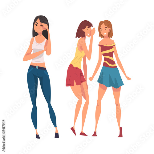 Two Female Friends Gossiping and Giggling Behind the Back of Angry Stressed Girl Cartoon Vector Illustration on White Background
