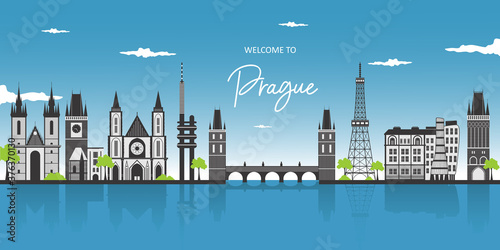 Beautiful scenic famous view on Vltava river and historical center of Prague, buildings and landmarks of old town. Landmark extremely popular for travel destination. Prague, Czech Republic