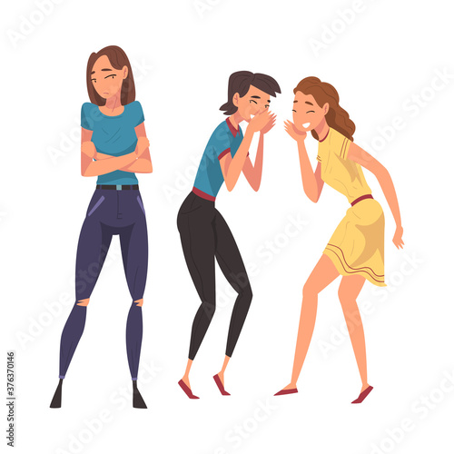 Two Female Friends Cynically Gossiping and Giggling Behind the Back of Sad Stressed Girl Cartoon Vector Illustration on White Background