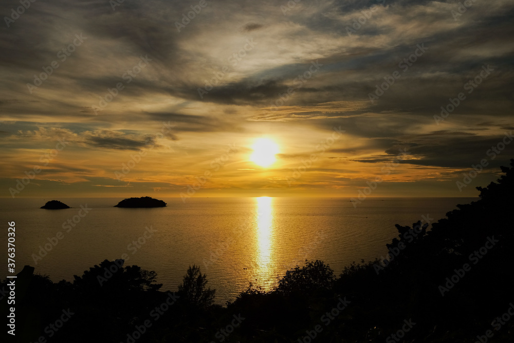 Sunset over the Gulf of Thailand Sea . Landscape in Koh Chang island , Thailand.