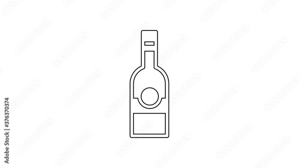 Black line Glass bottle of vodka icon isolated on white background. 4K Video motion graphic animation.