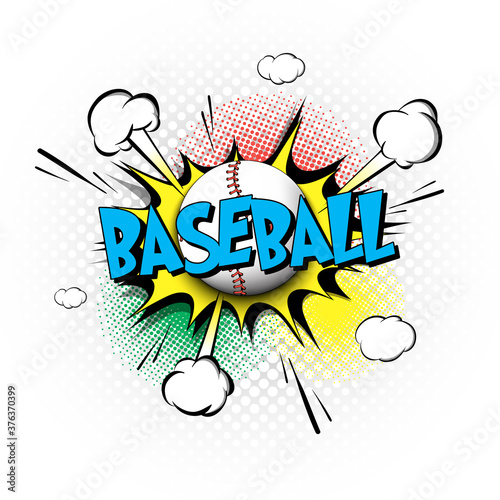 Comic bang with expression text Baseball. Comics book font sound phrase template with baseball ball. Pop art style banner message. Sports fan emotions. Vector illustration