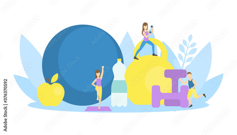 Tiny Women Training with Sports Equipment, Active Healthy Lifestyle and Fitness Training Concept Vector Illustration