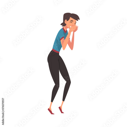 Laughing and Giggling Girl Whispering Gossip, Young Woman Telling Secret Cartoon Vector Illustration on White Background