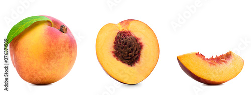 Fresh peaches set isolated. Organic nectarine or peach slice with leaf on white background. Cut out with clipping path