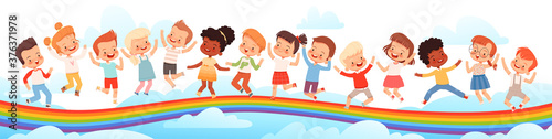 Many children are jumping on a rainbow among the clouds. Happy boys and girls enjoy childhood and friendship. Horizontal banner for kids