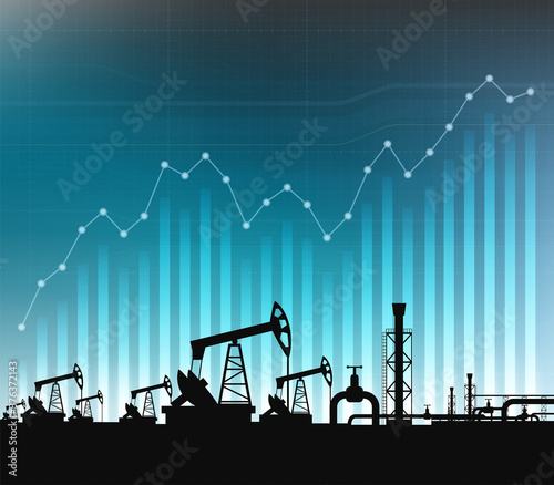 Oil pump on background of financial graphs and charts.