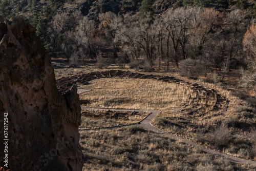 Elevated View of Ruins of the Tyuonyi Pueblo, Bandalier National Monument, New Mexico,USA photo