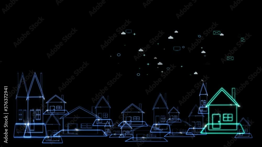 Animation create land and village building outline and callout work from home and media icon motion big data on black screen