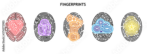 Fingerprints with colored patterns. Heart, lock, footprint, cloud and flower.