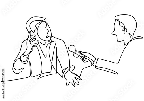 One continuous line drawing of a man holding a microphone in hand and asking a question to others man who is public figure. A male as an artist are interviewed by television broadcast journalist