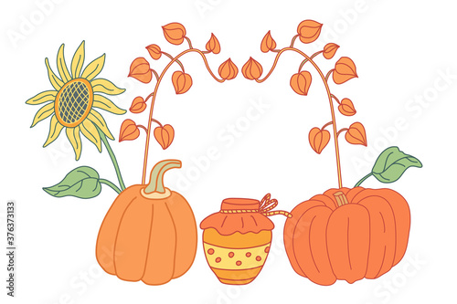 Autumn composition with sunflower, pumpkins, jar of jam and physalis in flat style with lines.  Hand drawn vector illustration isolated on white background. Crop or harvest theme.  Warm honey colors.