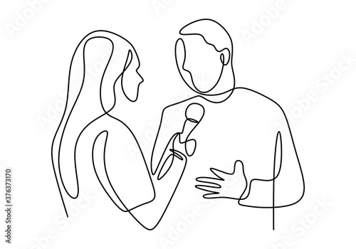 Continuous one single line drawing of reporter female journalist. A professional women journalist interviewing a businessman to explain his business strategy in pandemic COVID-19. Vector illustration