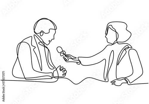 Continuous one single line drawing of reporter female journalist. A professional women journalist interviewing a businessman to explain his business strategy in pandemic COVID-19. Vector illustration