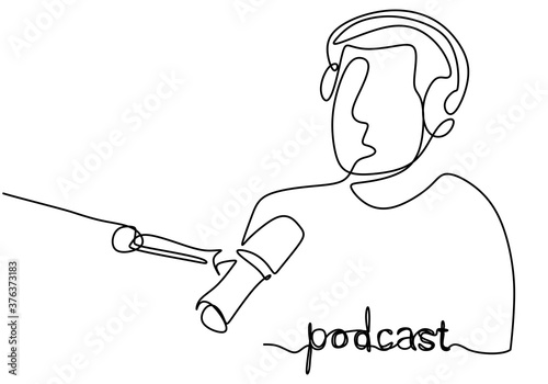 Continuous line drawing podcast man. Young male as a presenter or guest podcast speaks into a microphone. A guy sits in headphones in podcast or broadcasts. Vector illustration minimalist design