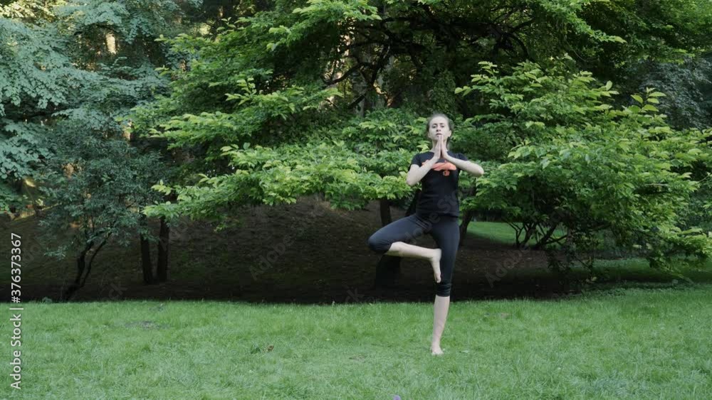 Beautiful girl meditating practices yoga in the park on a background of green trees. Yoga concept. Beautiful girl meditating practices yoga in the park on a background of green trees. Yoga concept.