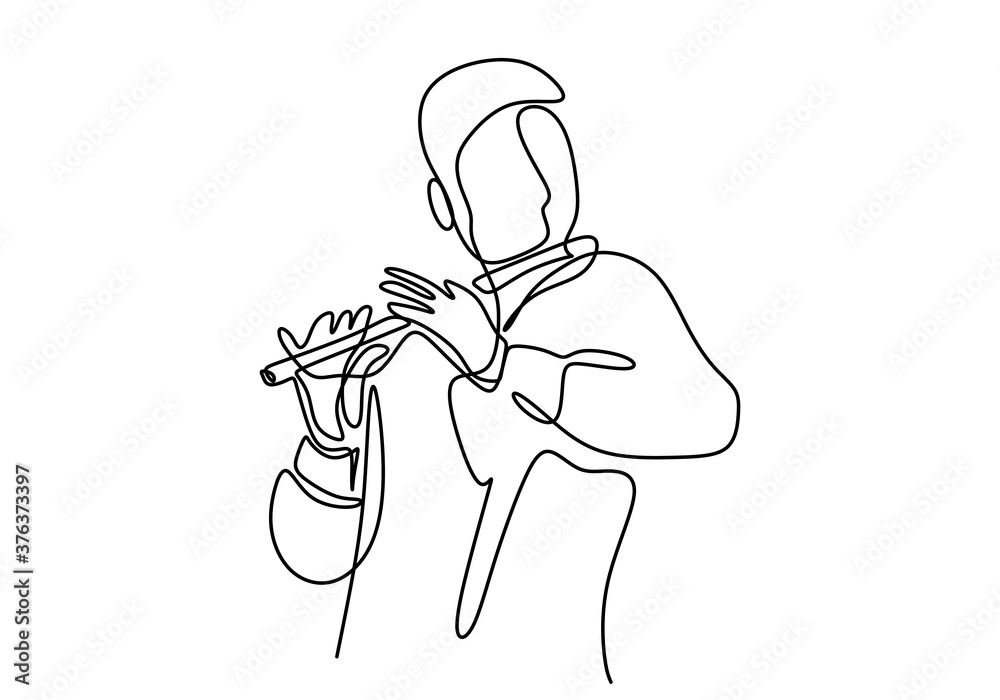 One continuous line drawing of a man playing the flute. The musician