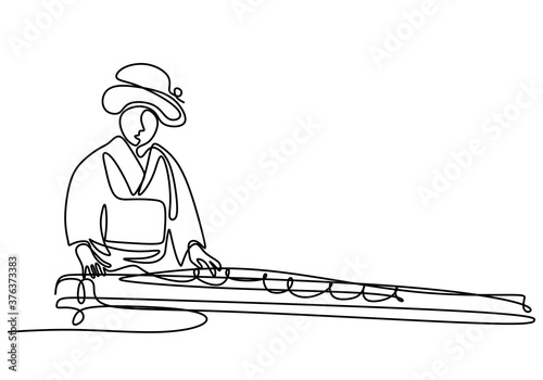 Continuous line drawing of woman with Koto, traditional Japanese music. A beautiful girl wearing a Kimono is sitting while playing a traditional musical instrument. Japanese music performance
