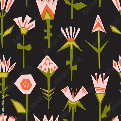 Abstract flowers on dark background. Unusual floral elements for surface design