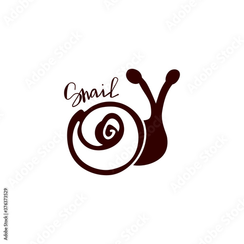 Black snail on white background. Monochrome vector cartoon flat illustration with escargot
