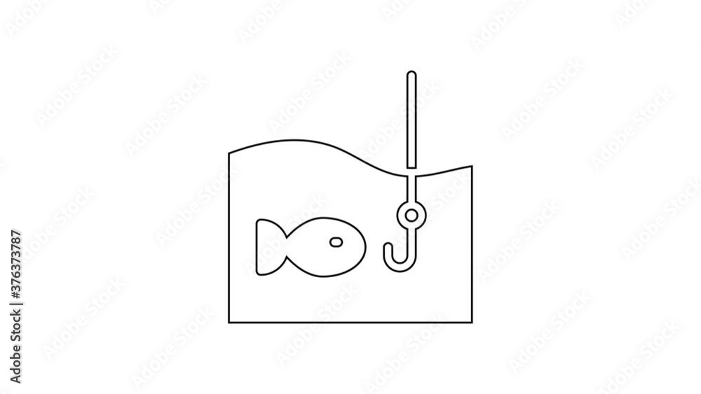 Black line Fishing hook under water with fish icon isolated on white background. Fishing tackle. 4K Video motion graphic animation. Black line Fishing hook under water with fish icon isolated on white background. Fishing tackle. 4K Video motion graphic animation.