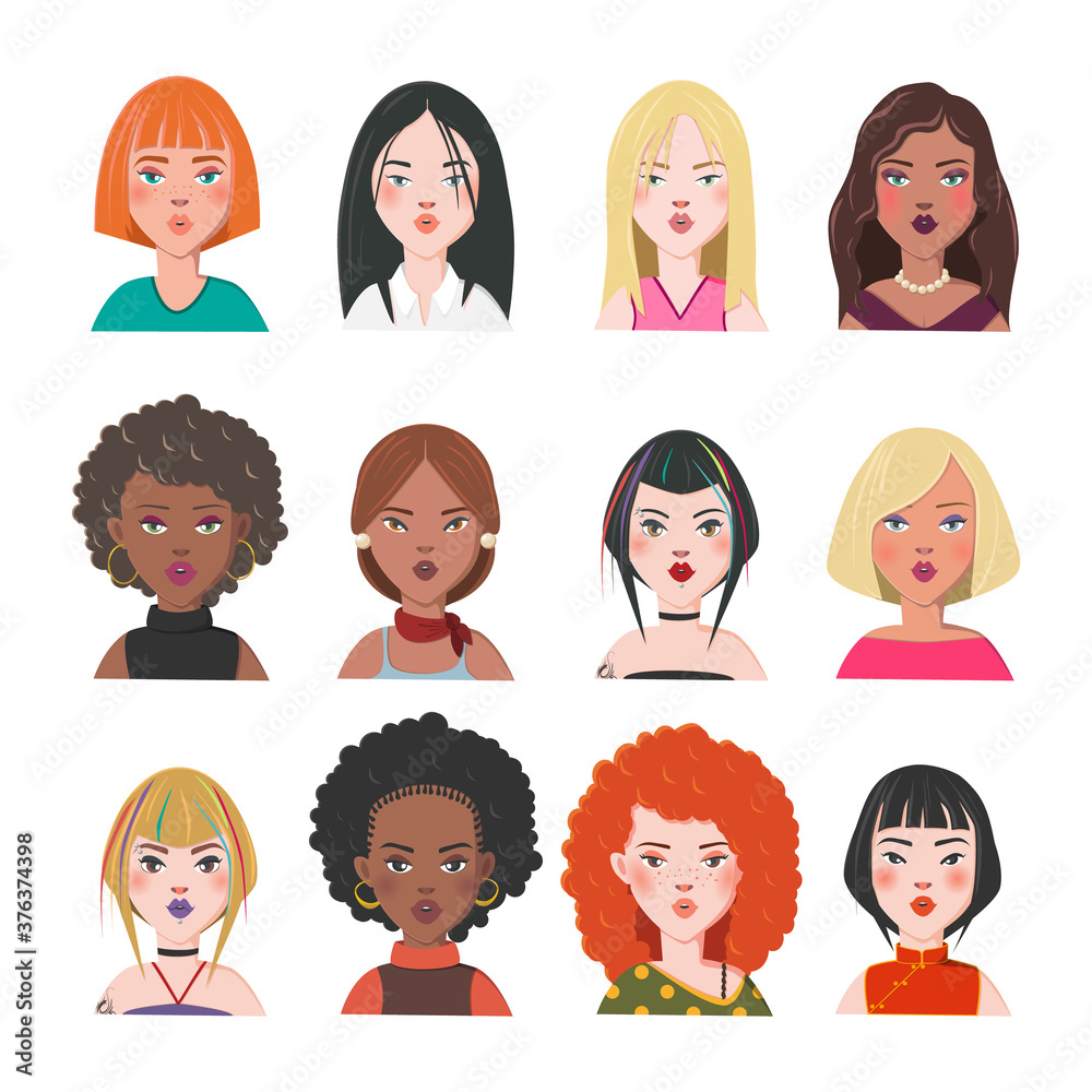Set of Woman Avatars. Twelve Characters from Different Subcultures and Social Strata. Kiss Blowing Beautiful Women. Diversity of Cultures. Vector Illustration. Set of Woman Avatars. Twelve Characters from Different Subcultures and Social Strata. Kiss Blowing Beautiful Women. Diversity of Cultures. Vector Illustration.