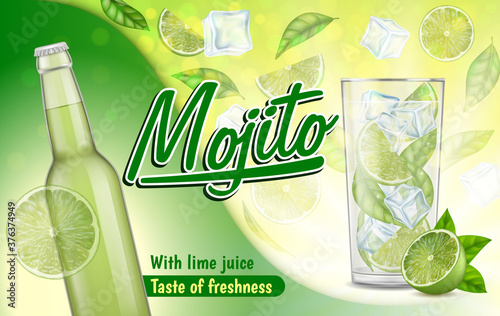 Realistic Detailed 3d Mojito Ads Banner Concept Poster Card. Vector