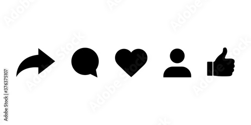 Social media icons thumb up and heart icon with repost and comment. Flat signs icons on white background.