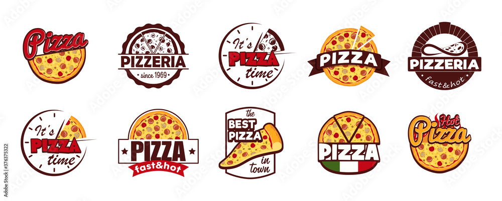 Cartoon Color Pizzeria Label Badge Sign Set Concept Flat Design Style. Vector