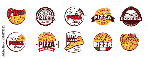 Cartoon Color Pizzeria Label Badge Sign Set Concept Flat Design Style. Vector