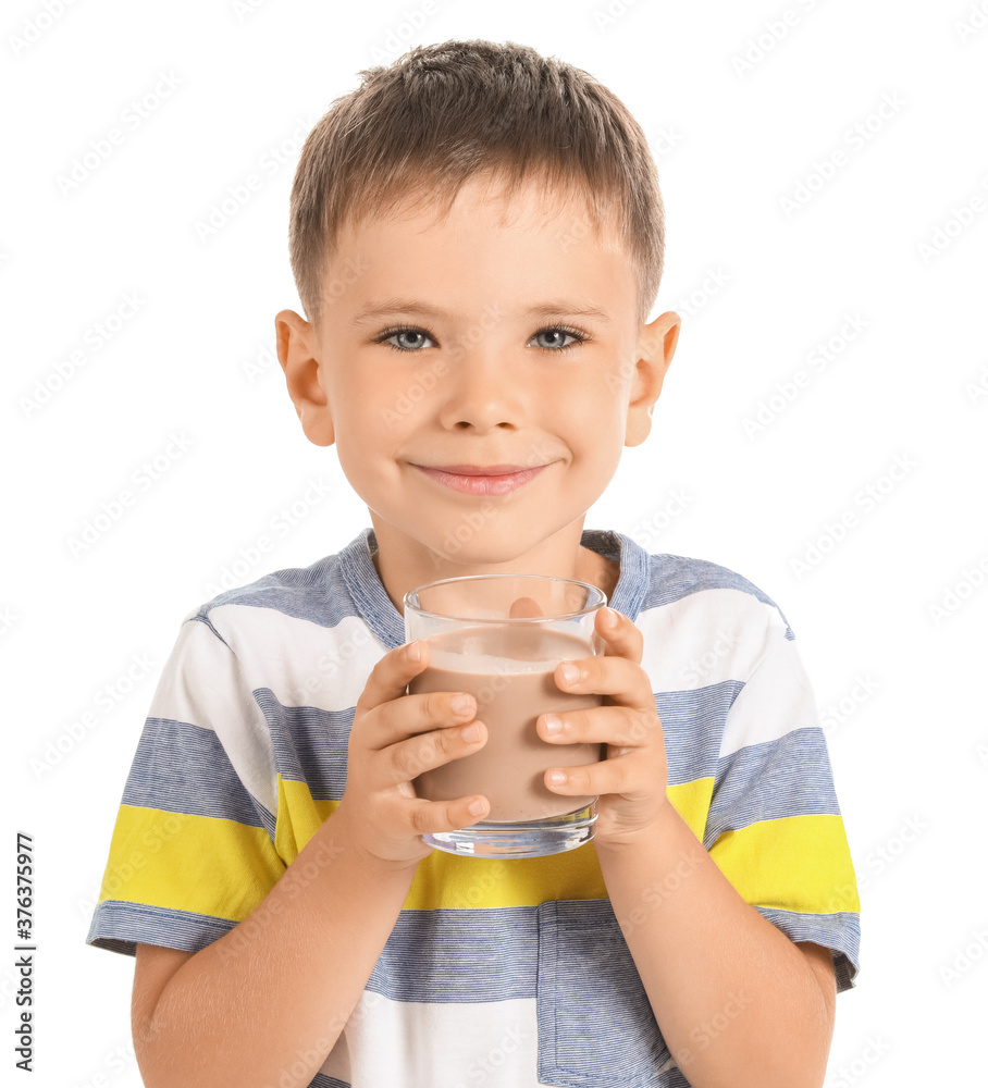Little boy with tasty chocolate milk on white background Little boy with tasty chocolate milk on white background