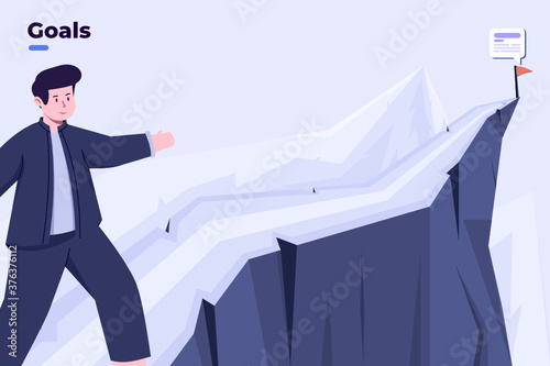 vector flat illustration businessman climb to the top of the mountain to reach the success goal. business target concept, leadership, goal achievement, success and winning proccess. website, UI UX.