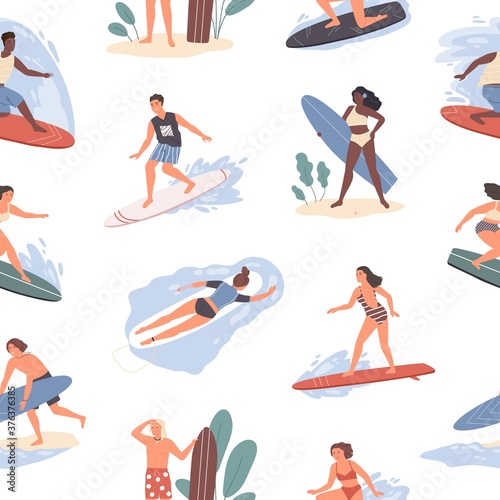 Seamless pattern of different people swimming in sea on surfboard in beachwear. Repeatable background with tropical vacation on beach. Flat vector illustration of women and men surfing in ocean