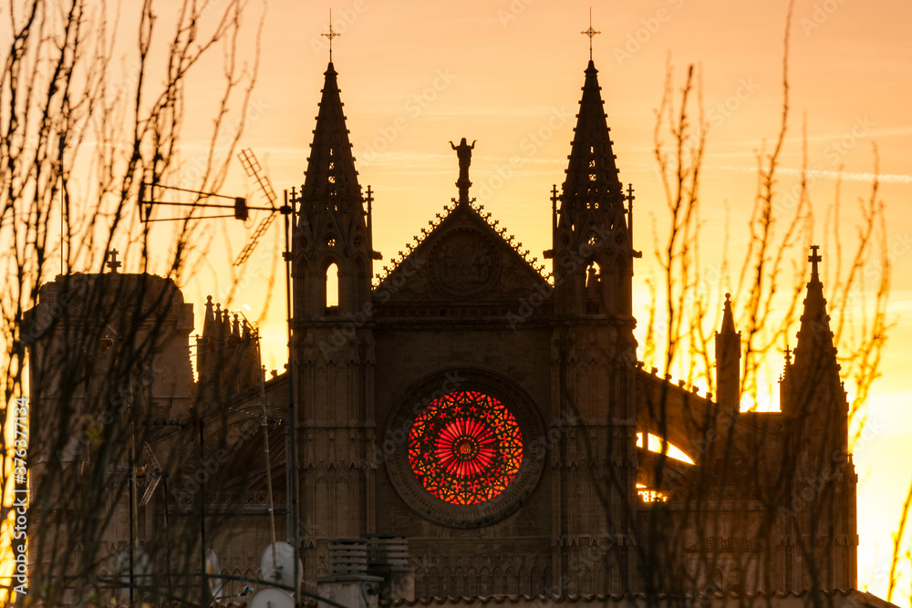 Fototapeta premium iluminacion por la salida del sol del roseton de la fachada principal , solsticio de invierno ,Catedral de Mallorca , siglo XIII, Palma, mallorca, islas baleares, españa