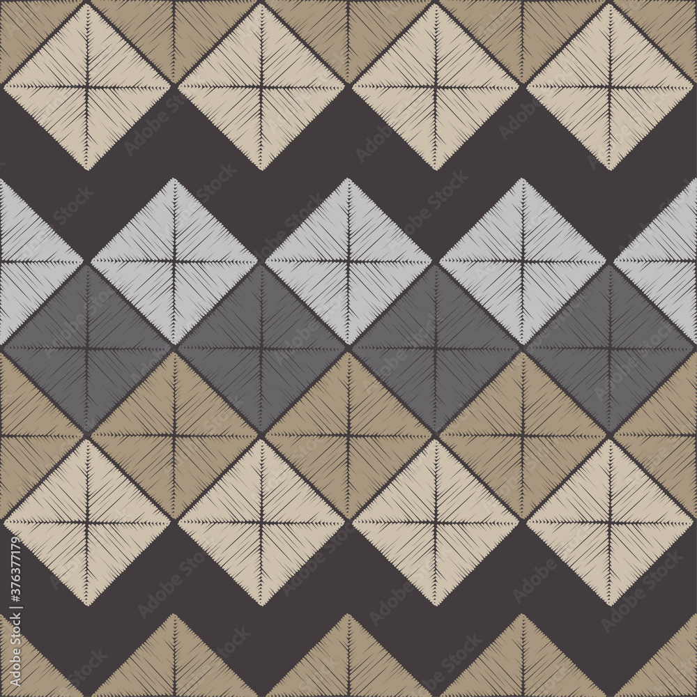 Mosaic with geometric shapes. Seamless pattern. Design with manual hatching. Textile. Ethnic boho ornament. Vector illustration for web design or print. Mosaic with geometric shapes. Seamless pattern. Design with manual hatching. Textile. Ethnic boho ornament. Vector illustration for web design or print.