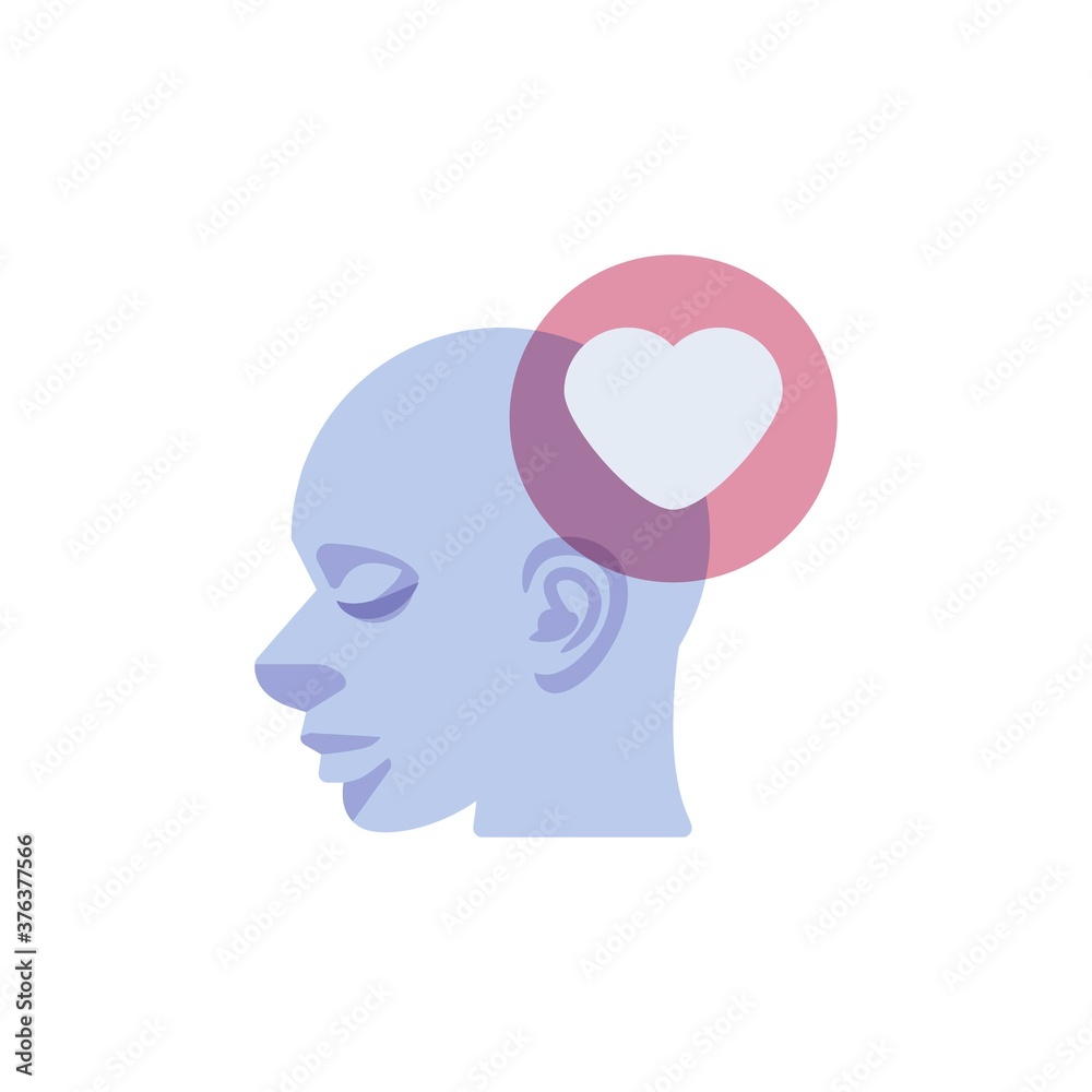 Head with heart flat icon, vector sign, In love man colorful pictogram isolated on white. Symbol, logo illustration. Flat style design