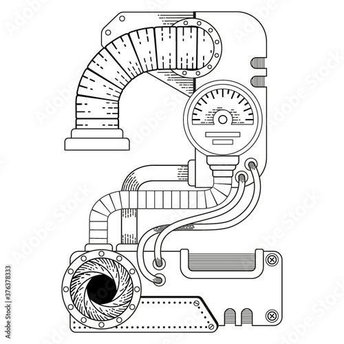 Vector coloring book for adults. Steampunk mathematical symbol two. Mechanical number made of metal gears and various details on white background.