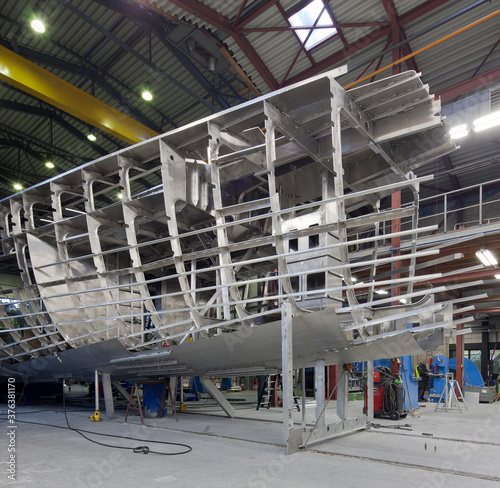 Aluminium hull of a yacht at the shipyard. Airframe. Ship building industry. Super sailing yacht. Netherlands. Air frame.