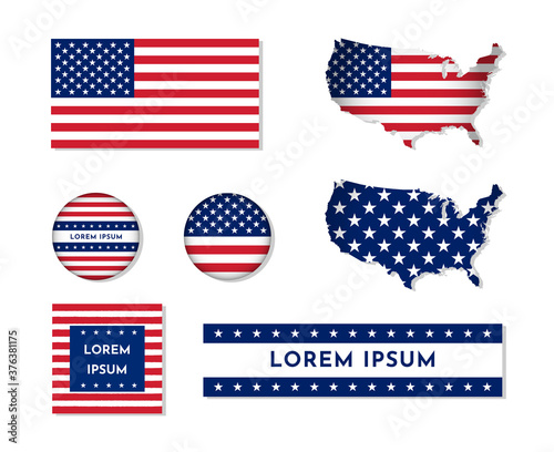 Vector concept set of isolated USA symbols. The Stars and Stripes american flag, map with national flag. Templates with copyscape for media, news, booklets, flyers and ads banners. Patriotic emblems